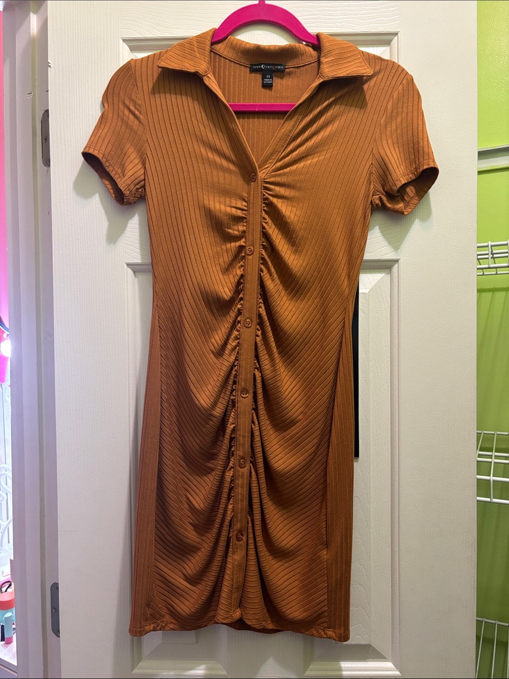 Button-Front Collared Ribbed Dress in Burnt Orange